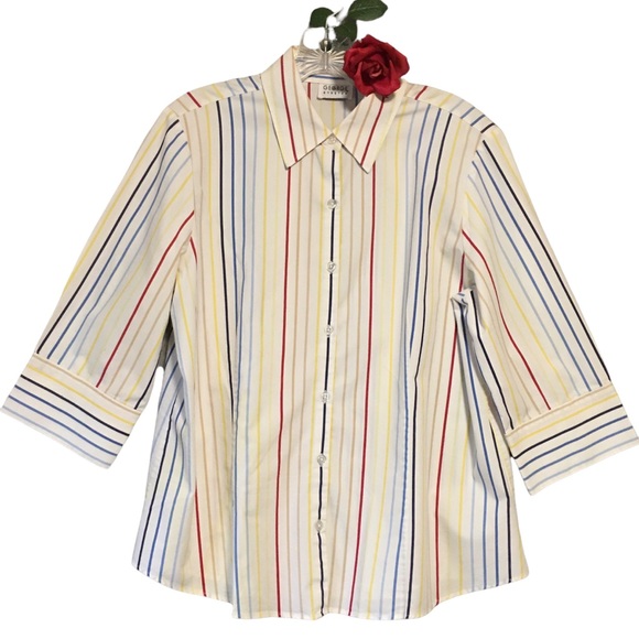 Striped Multi color button up top with collar 3/4 sleeves George stretch - Picture 1 of 10